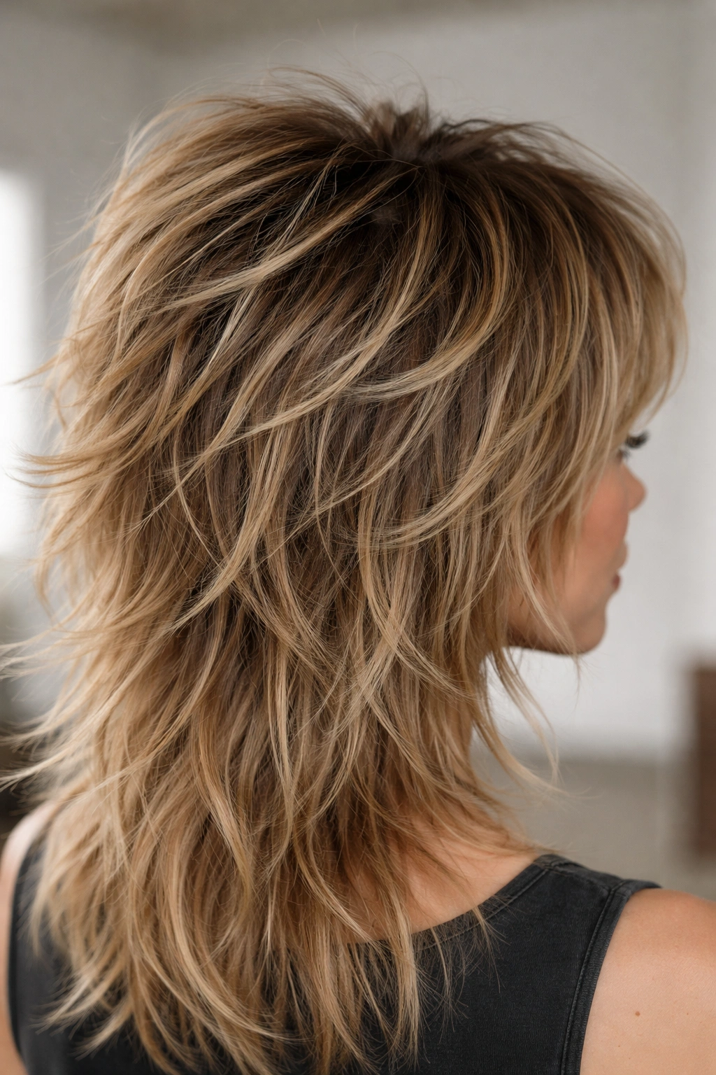 Close-up crown with lifted textured layers giving volume in shag hairstyle