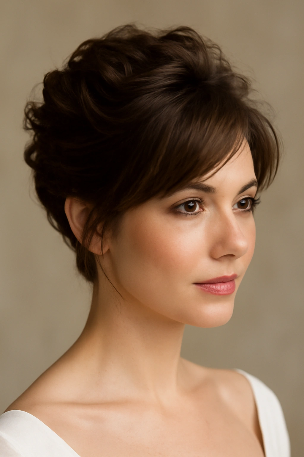 Short hairstyle with a textured crown and soft face-framing strands