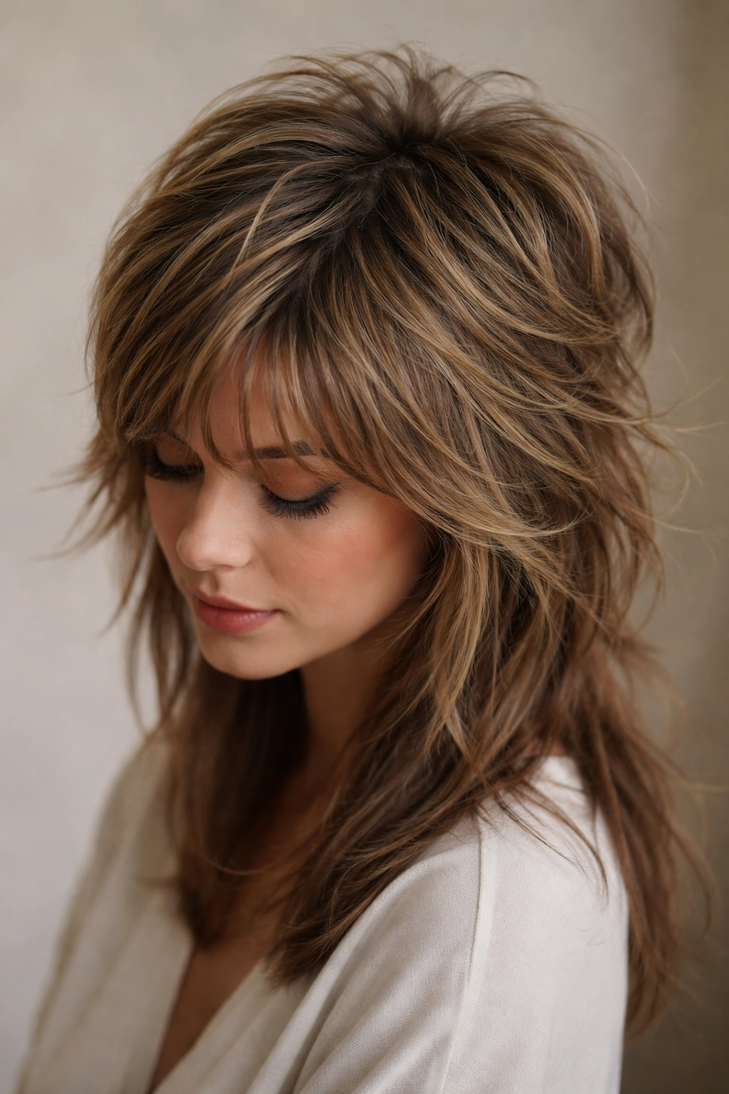 Close-up on crown with textured layers and blended sides of the shullet