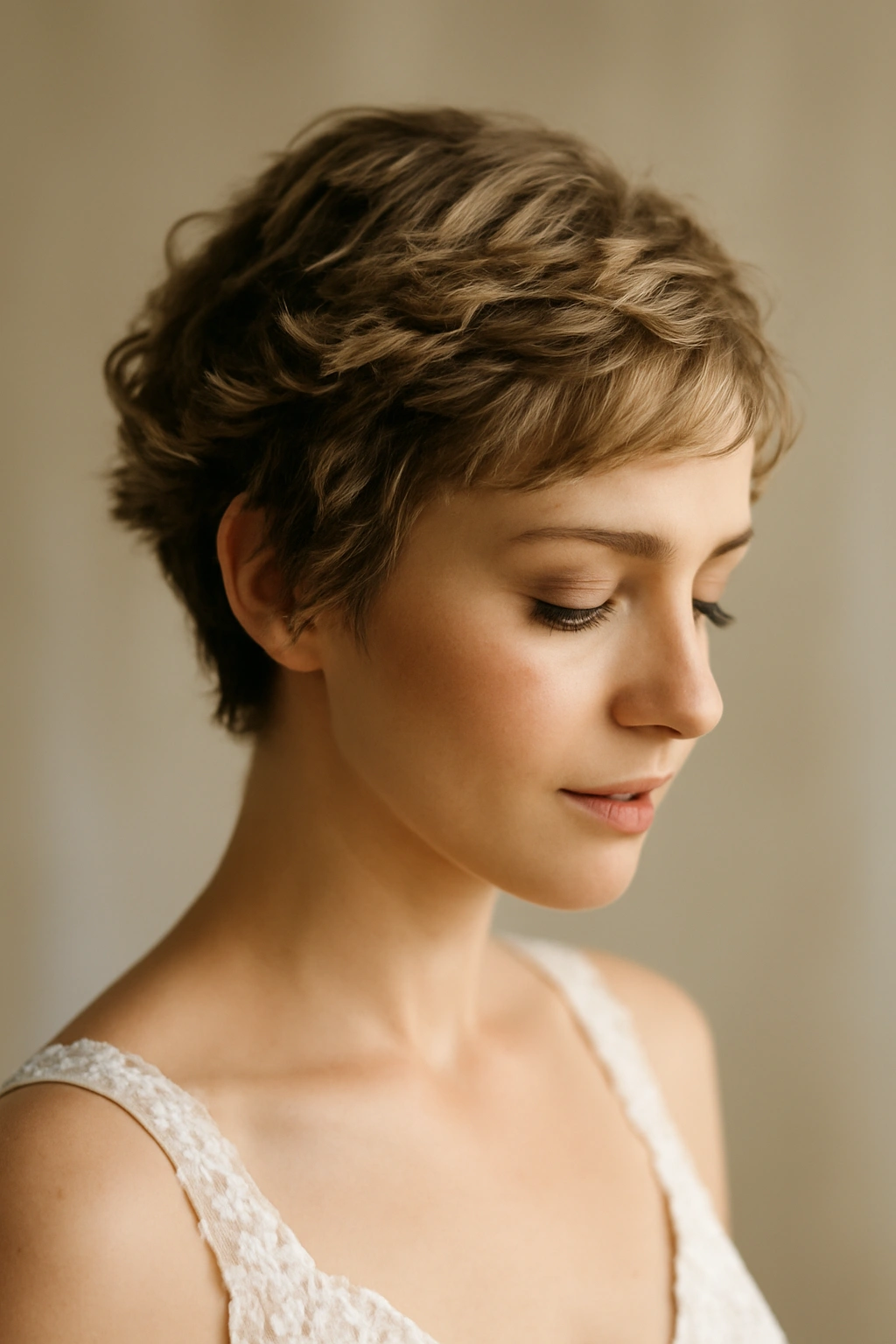Close-up of a short-haired bride wearing a textured crown twist halo