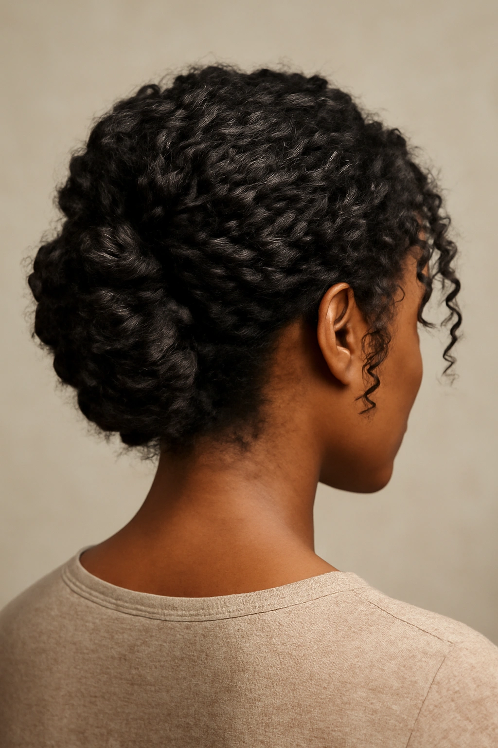 Back view of a textured curly French roll showcasing defined curls