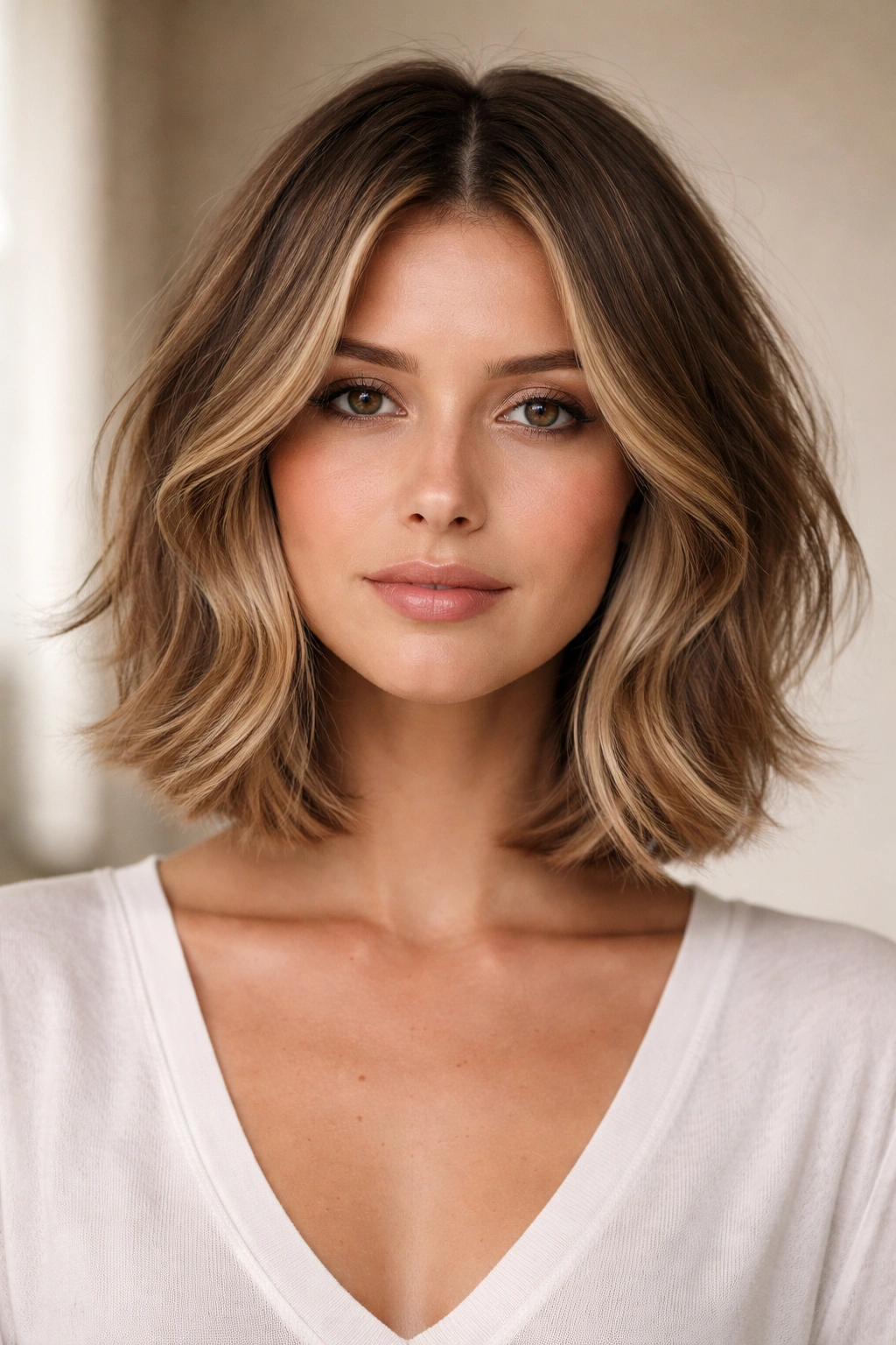 Textured curtain bob with center part and face-framing layers.