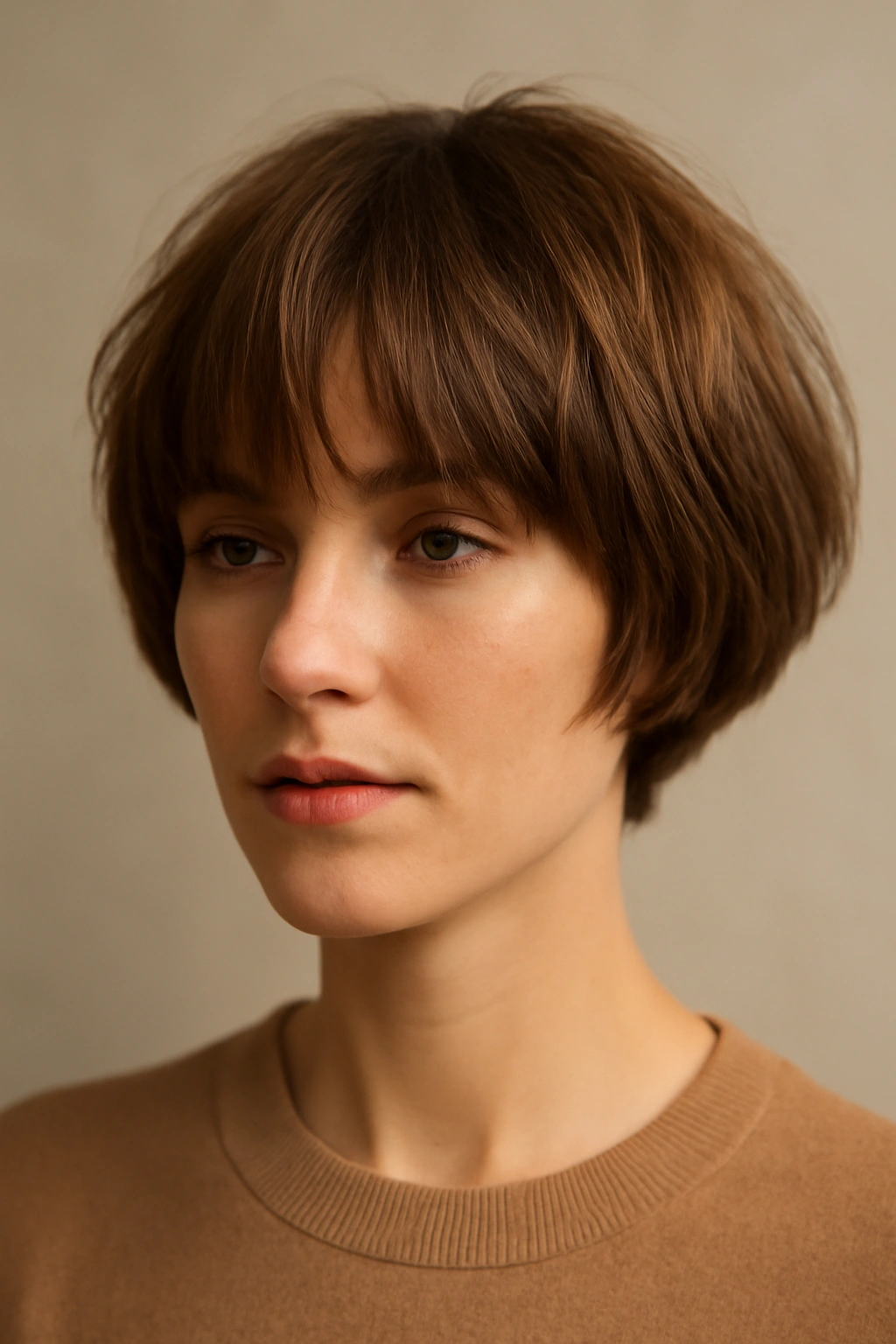 Close-up of textured curtain bowl haircut on a woman in studio lighting