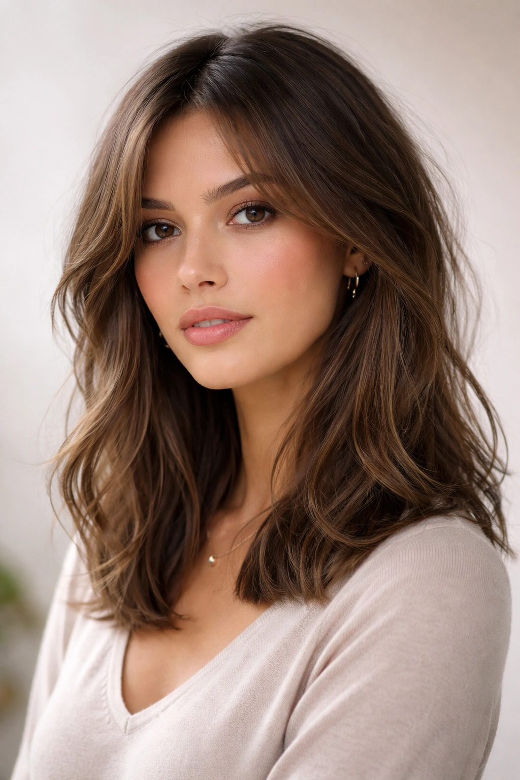 Textured curtain haircut showing face-framing curtain layers and soft movement.
