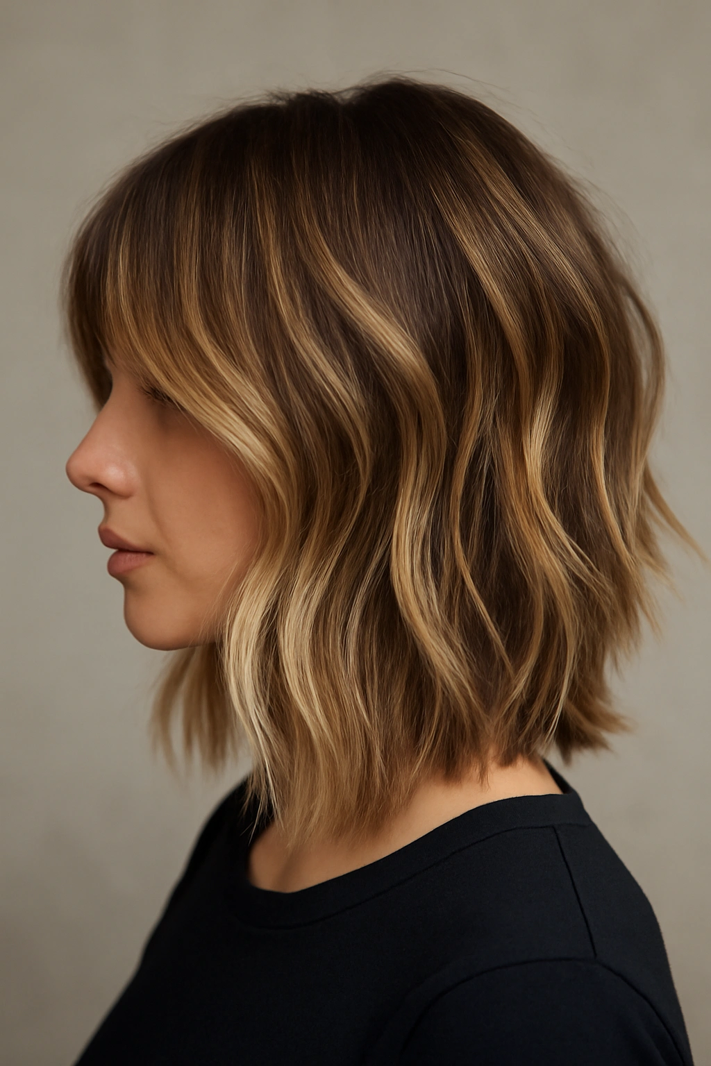Medium-length textured cut with multi-tone balayage and visible piece separation