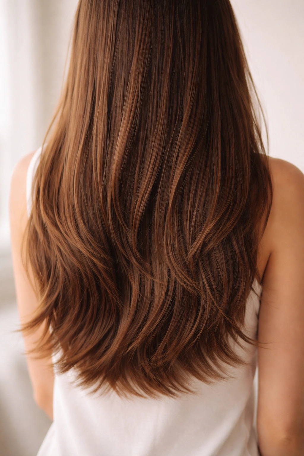 Close-up of long hair showing textured ends with minimal layers at the bottom
