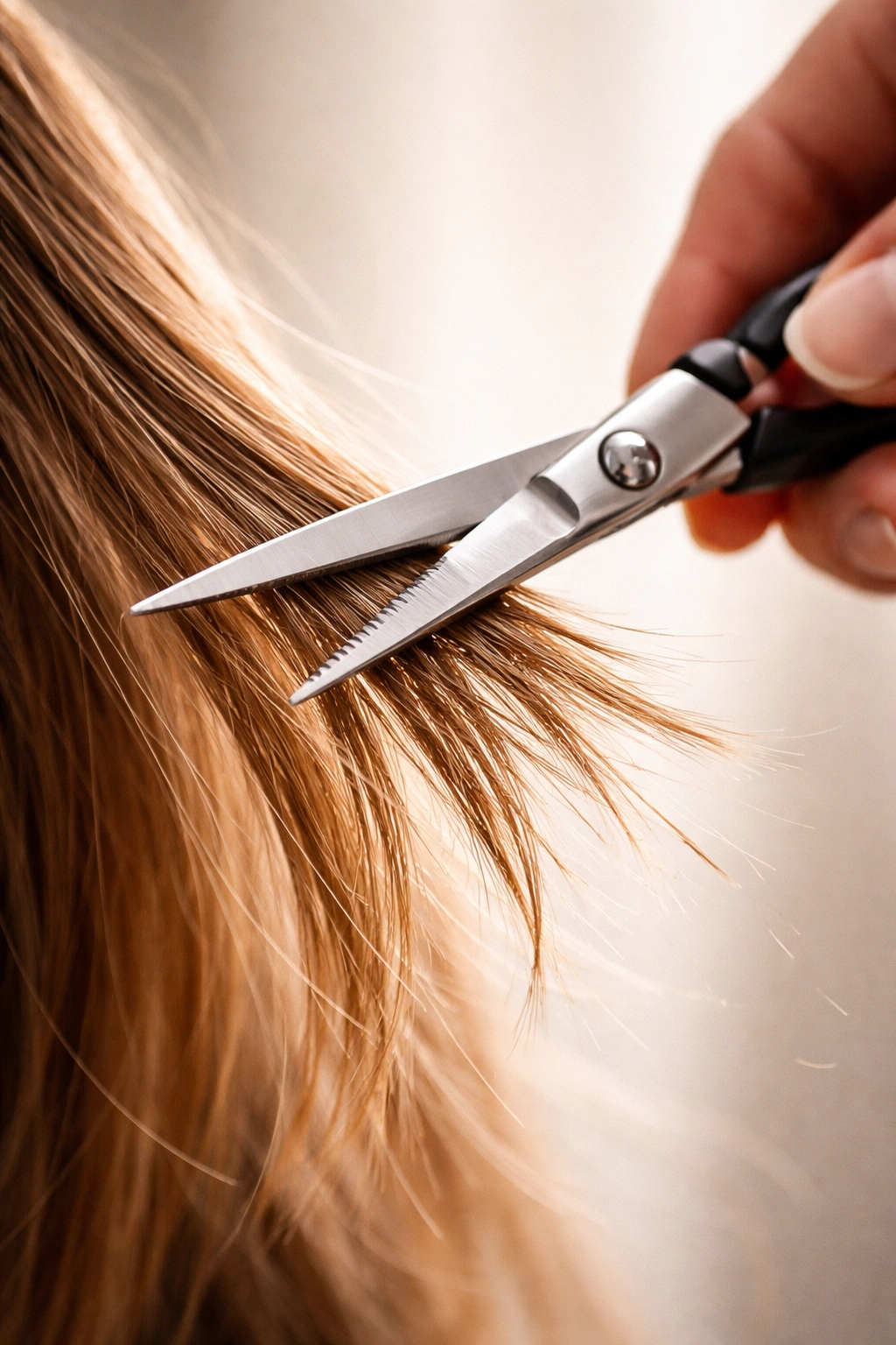 Close-up of hair ends textured with vertical point-cutting technique using scissors