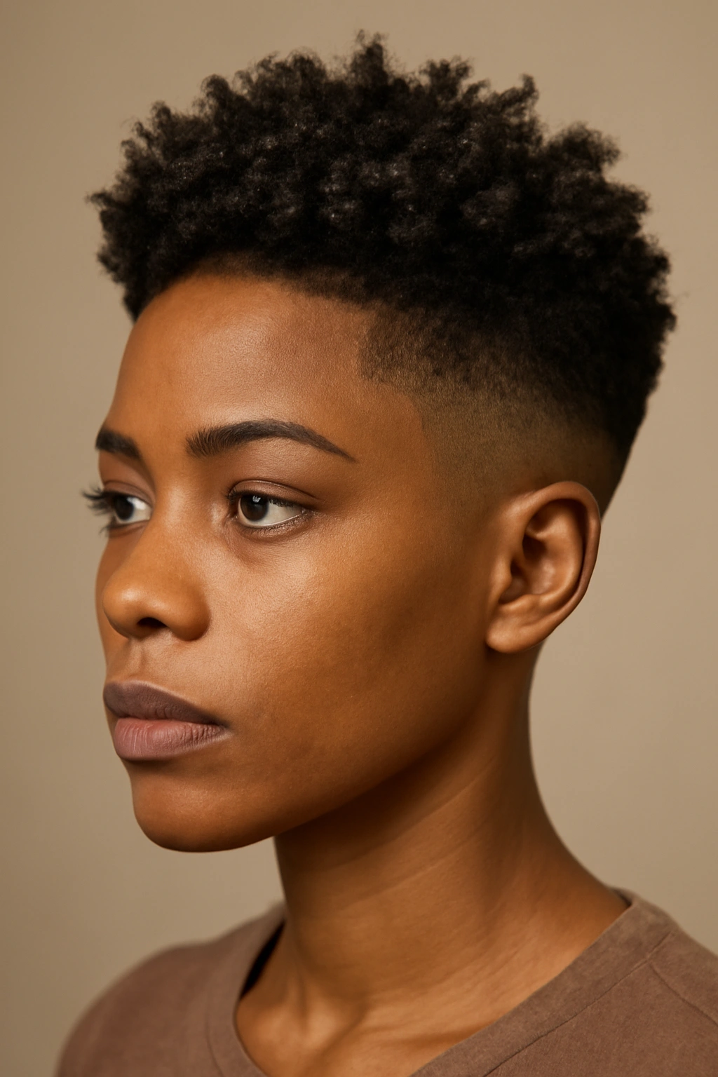 Close-up of a Black woman with a textured tapered fade and voluminous coils