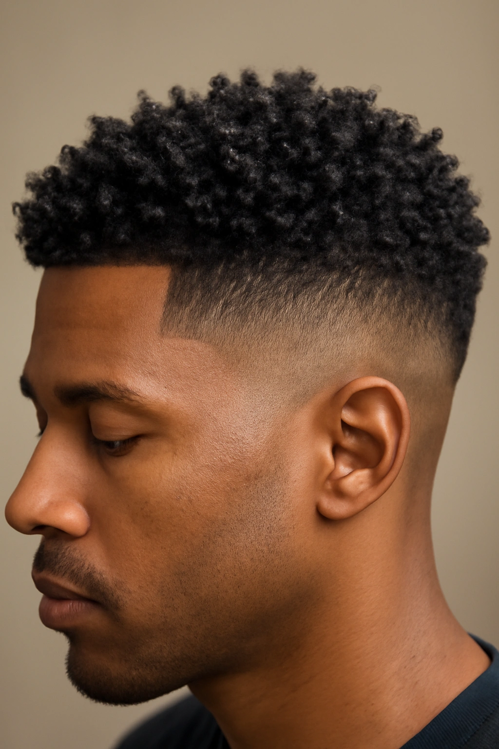 Close-up of textured fade with short sides and longer top curls