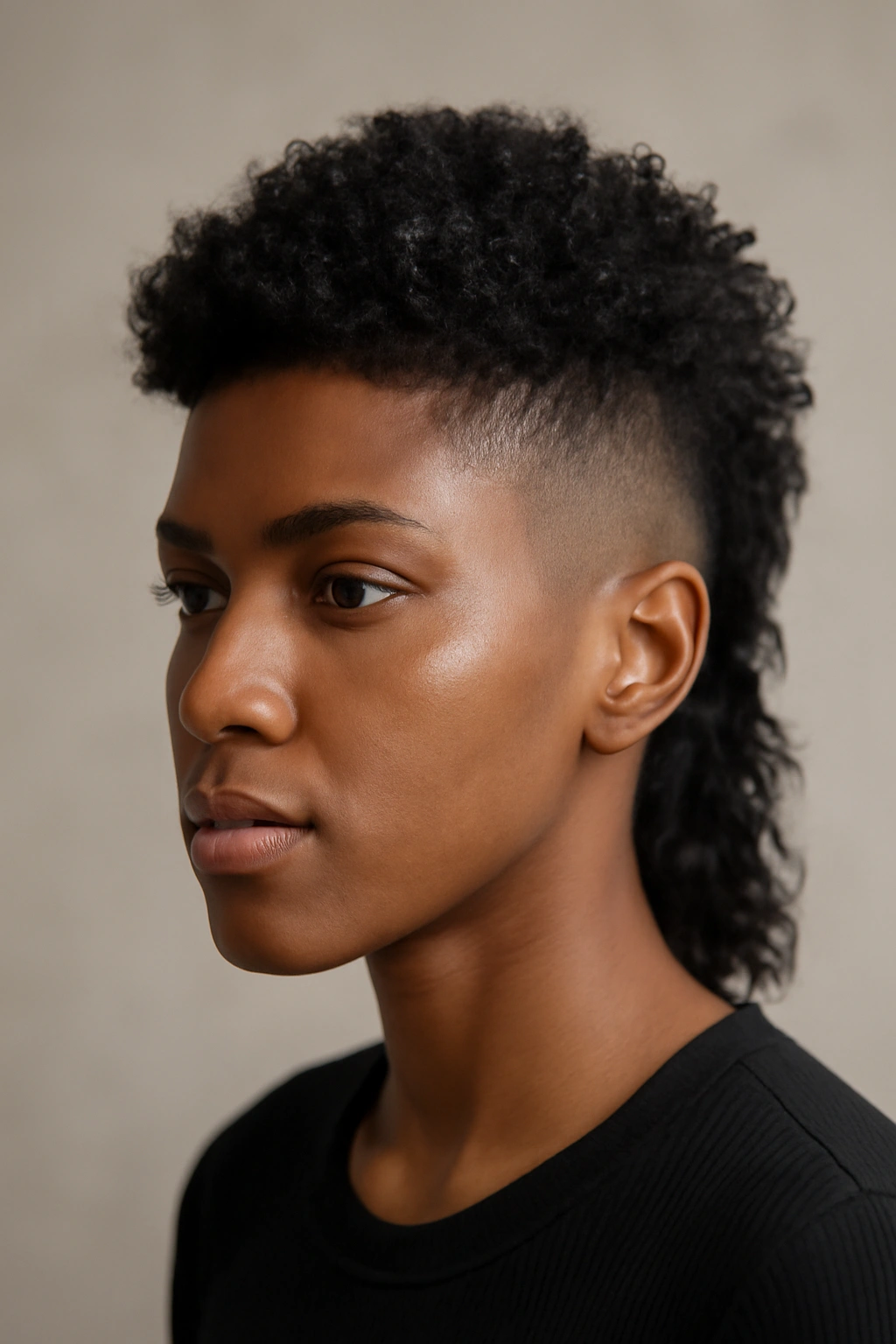 Close-up portrait of a Black woman with a textured fade mullet, faded sides, textured top, and longer back.