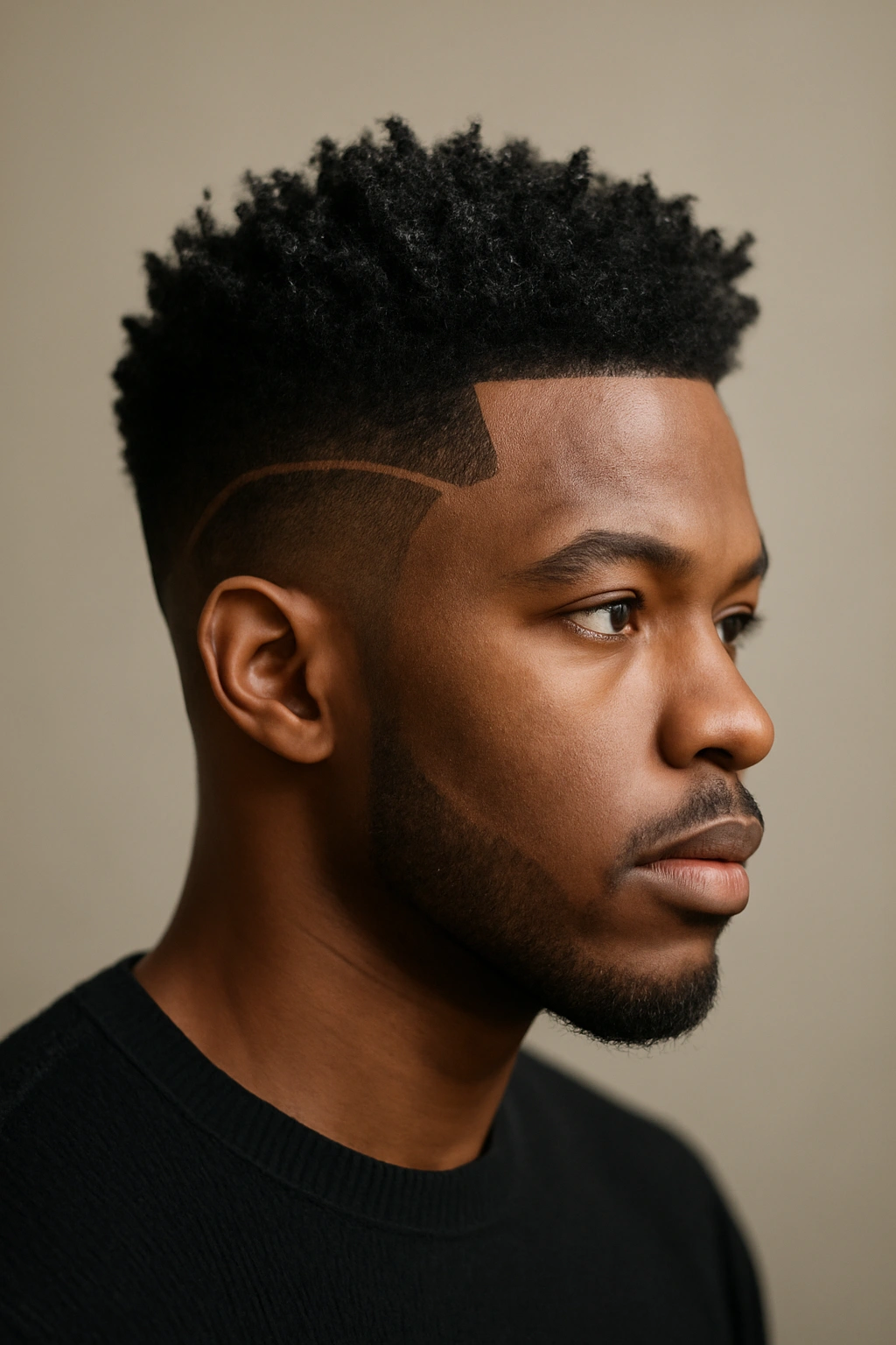 Portrait of The Textured Fade With Sculpted Edges showing precise side lines and textured top.