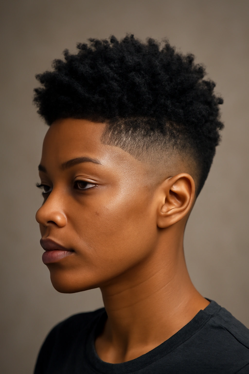 Three-quarter profile of a Black woman with textured fade on sides and longer top.