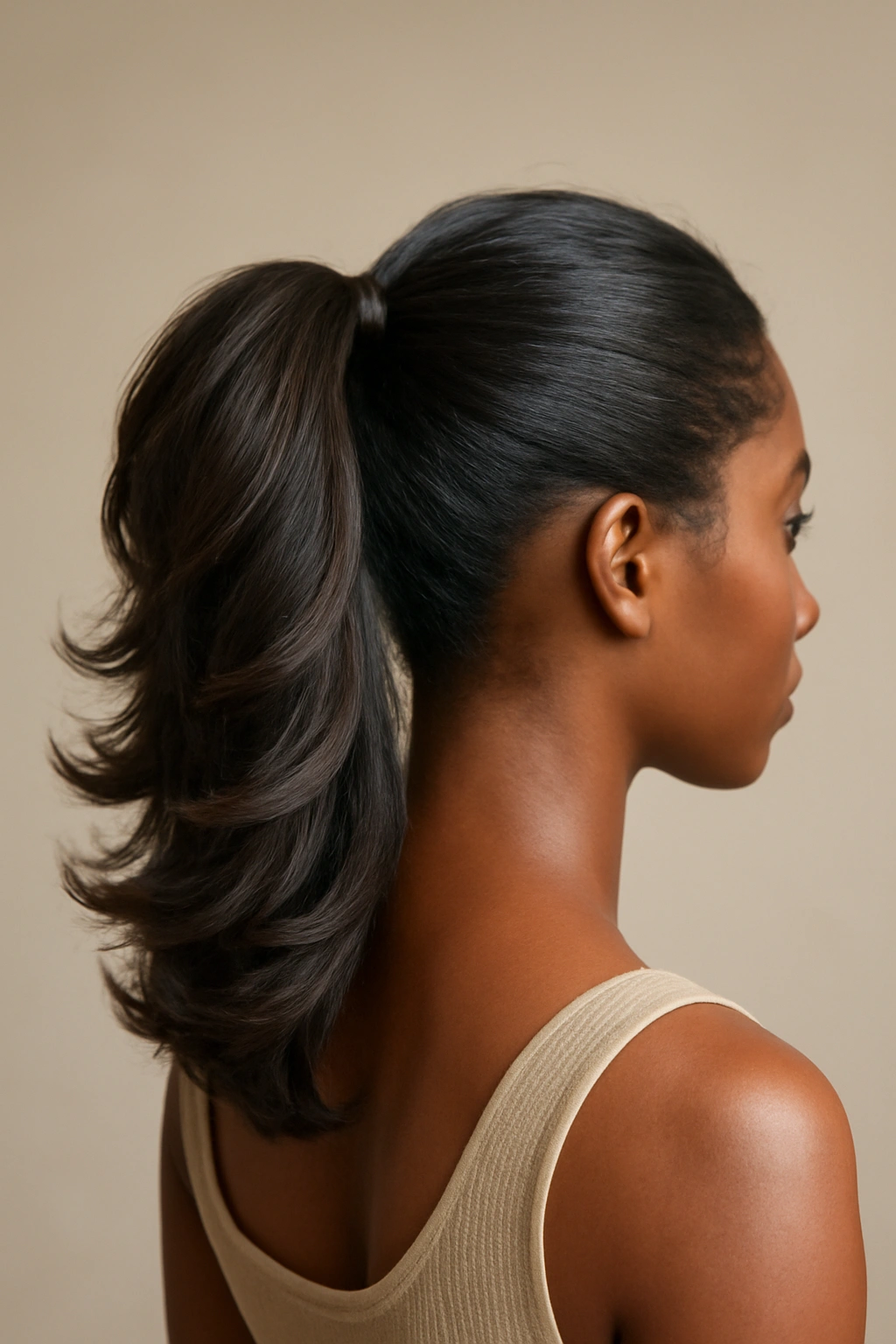 High ponytail with outward flipped sections creating visible texture and movement