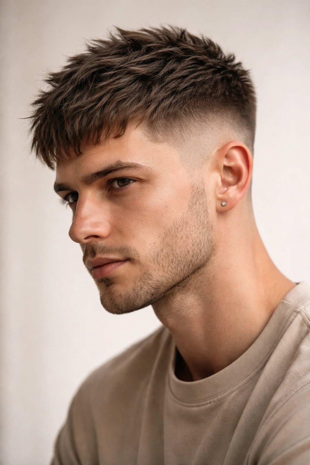 Headshot of textured French crop with forward-falling front and fade sides.