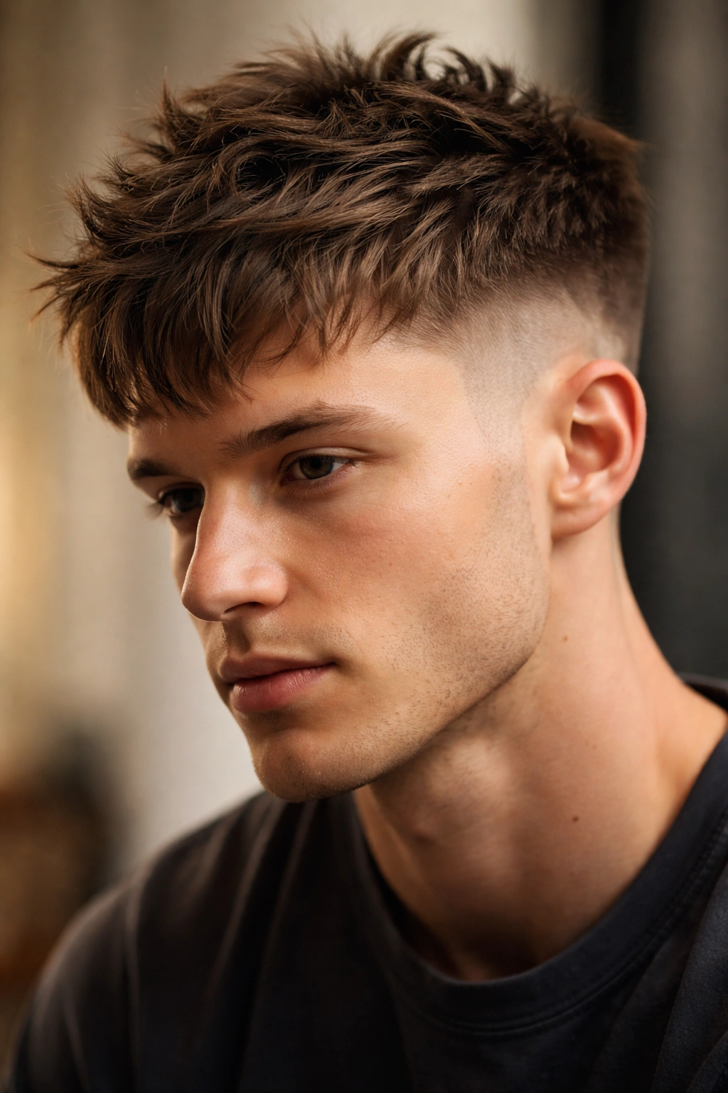Close-up of textured French crop showing razor-cut pieces on top