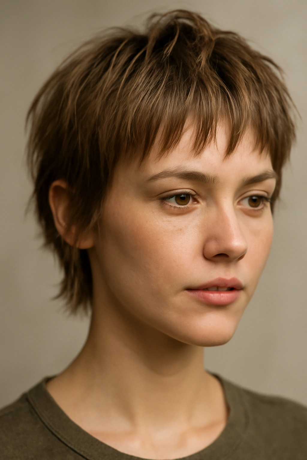 Portrait highlighting a textured fringe across the forehead with chopped bangs.