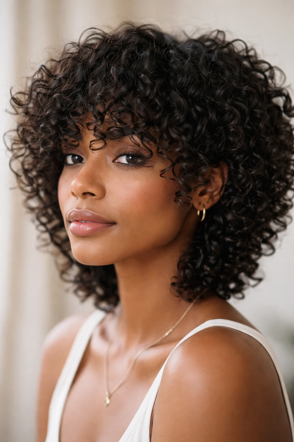 Close-up of textured fringe with face-framing curls forming a curtain at the front