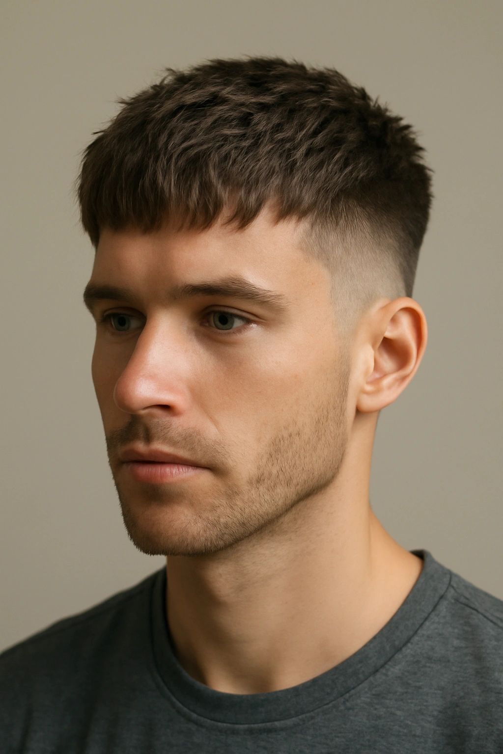 Head-and-shoulders portrait of a man with textured fringe fade showing fringe and top texture.