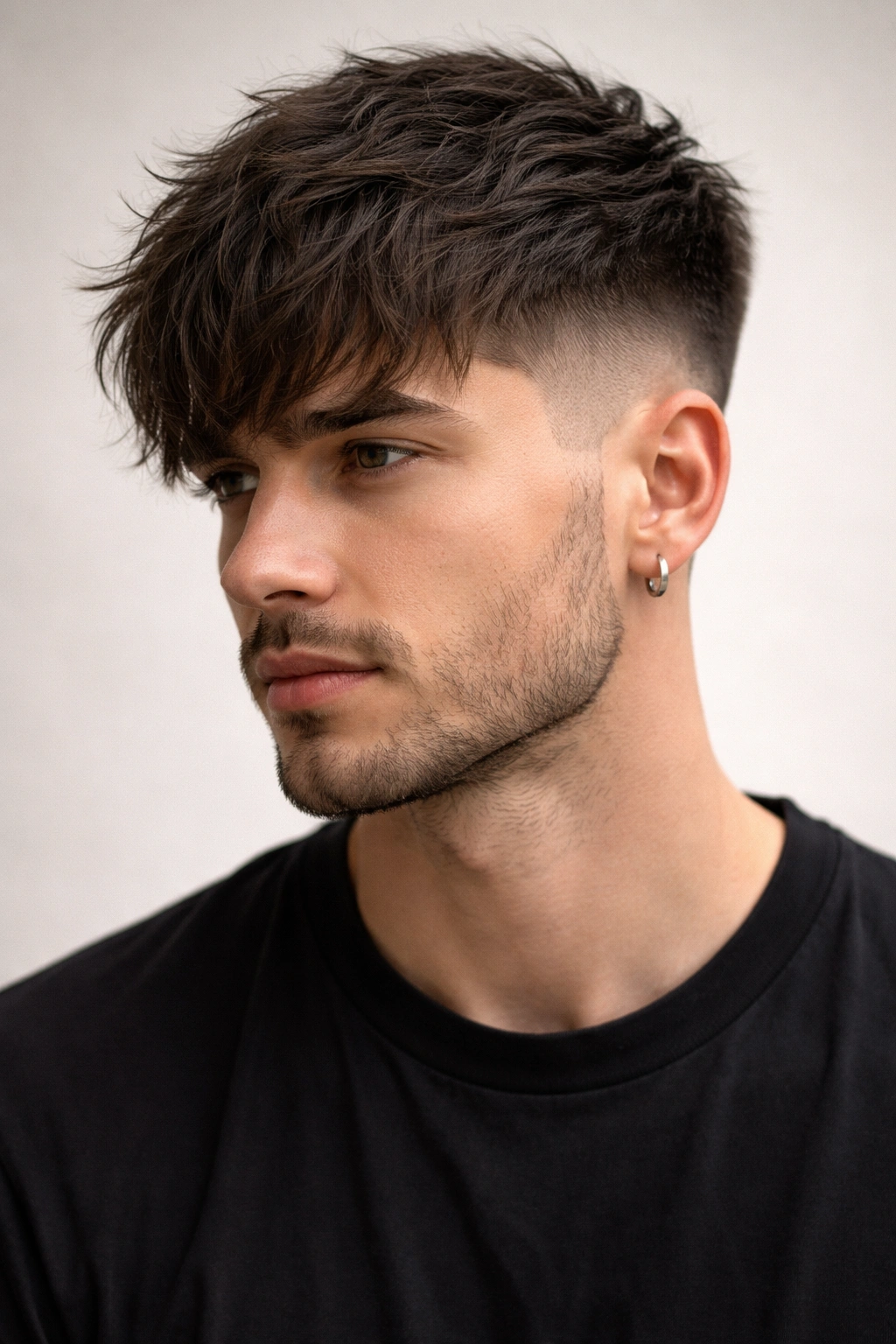 Close-up of a hairstyle with long textured fringe and bold faded sides.