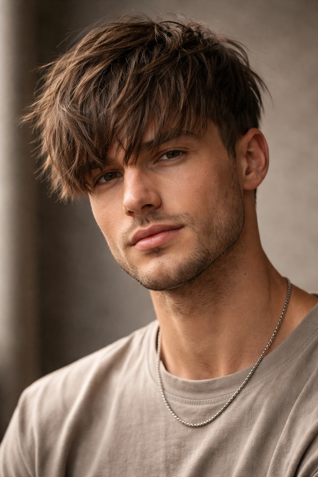 Close-up of a person with a textured fringe and layered sides