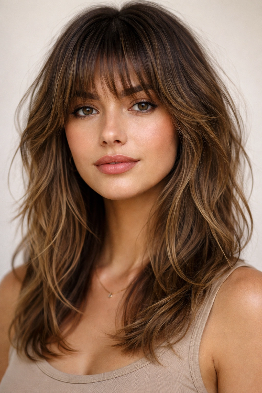 Frontal view of textured fringe with longer layers framing the face