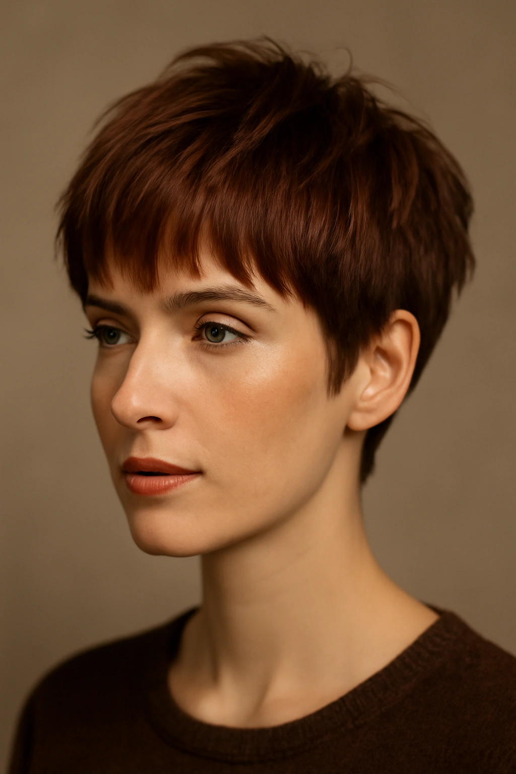 Textured fringe haircut in mahogany color