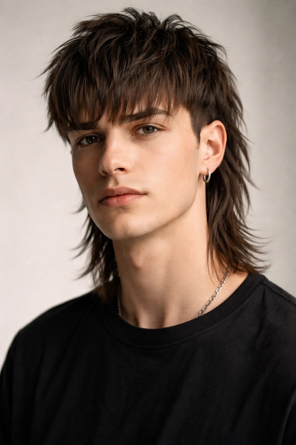 Portrait of textured fringe mullet with choppy fringe and longer back