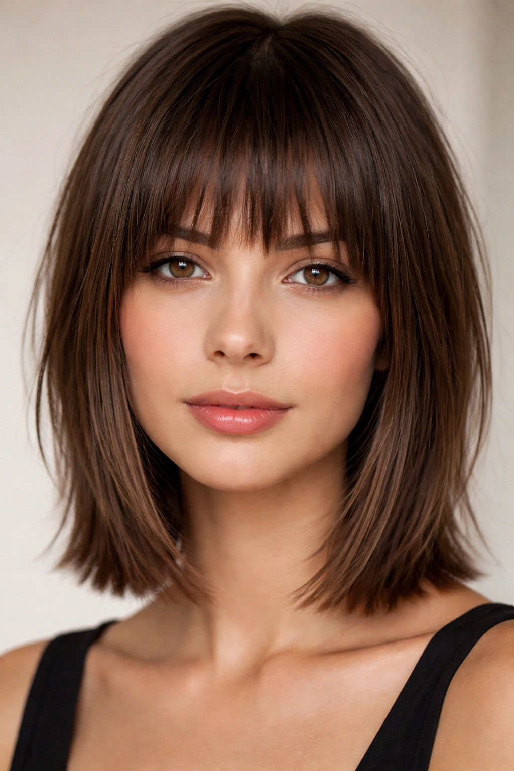 Close-up of straight hair with a textured, eyebrow-length fringe
