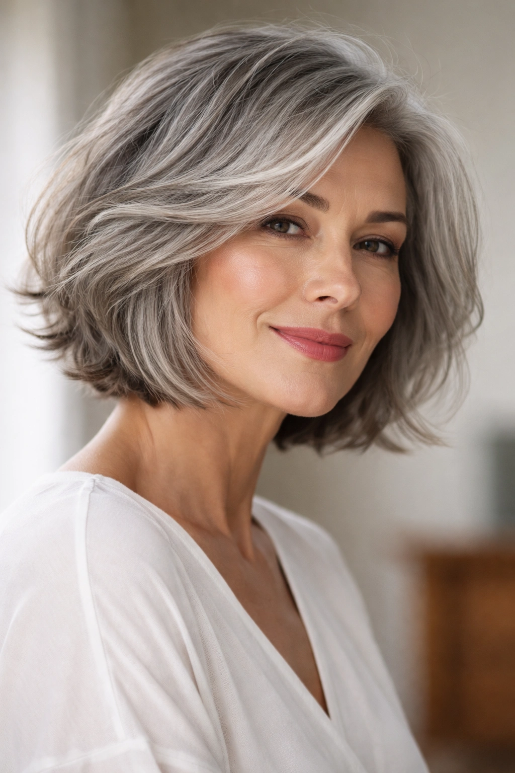 Close-up of a mature woman with a textured gray bob showcasing soft waves in diffused studio light