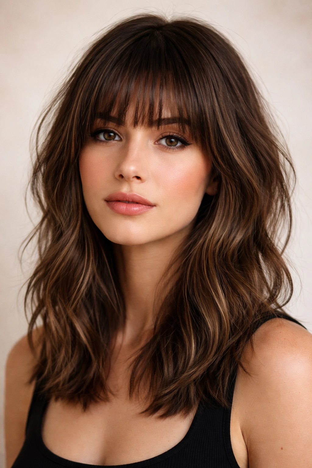 Close-up of textured shoulder-length hair with blunt bangs under neutral studio lighting