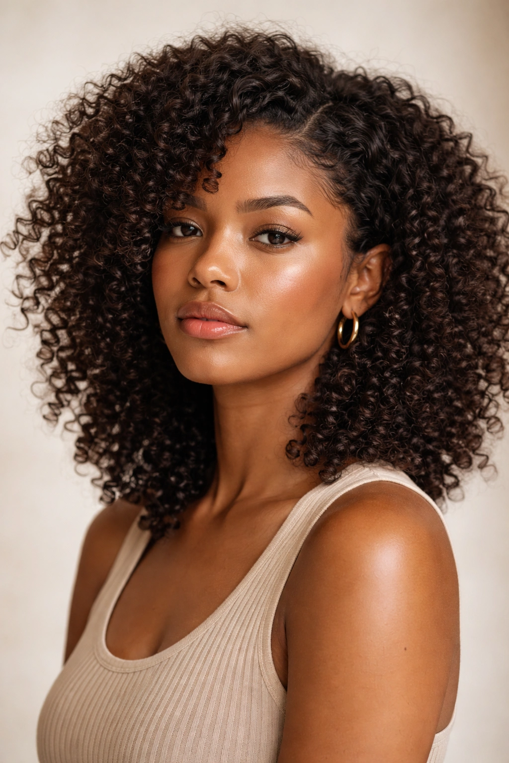 Close-up of mixed curl patterns in textured hair with waves and coils