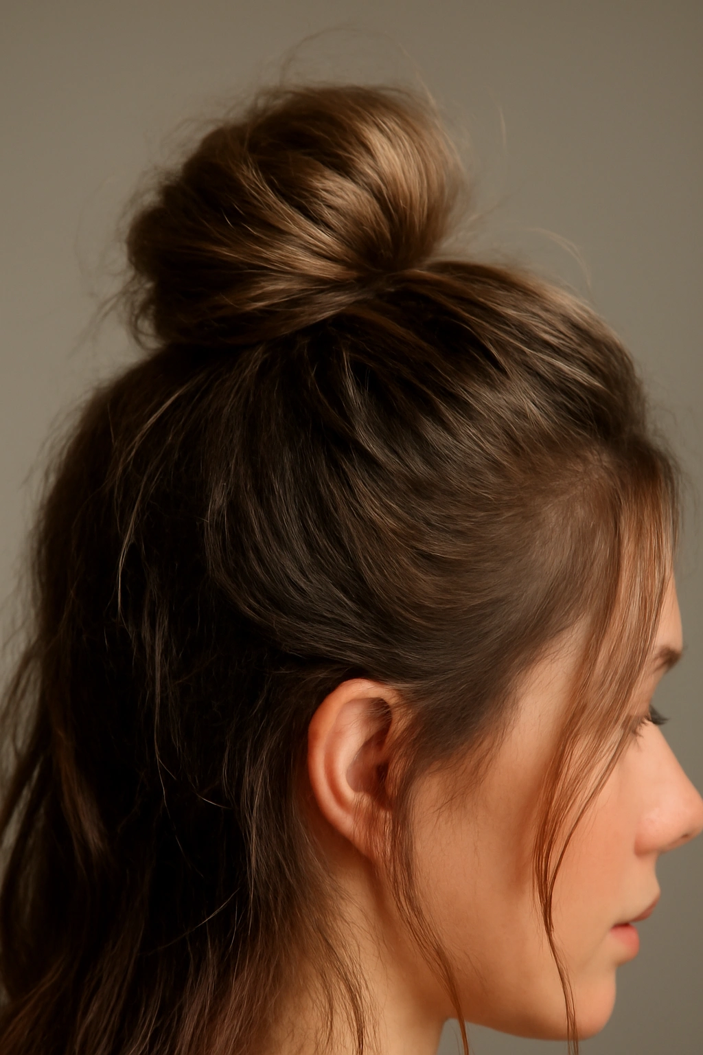 Crown volume and textured half bun with loose face-framing pieces