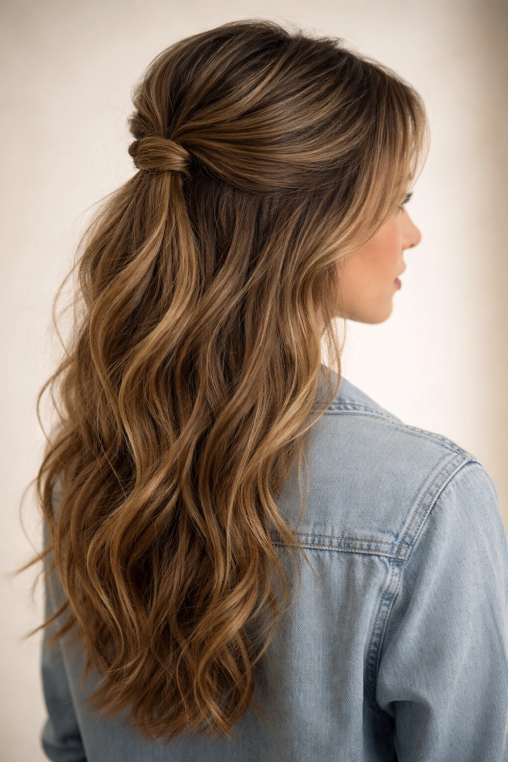 Half-up hairstyle with crown volume and textured lower waves.