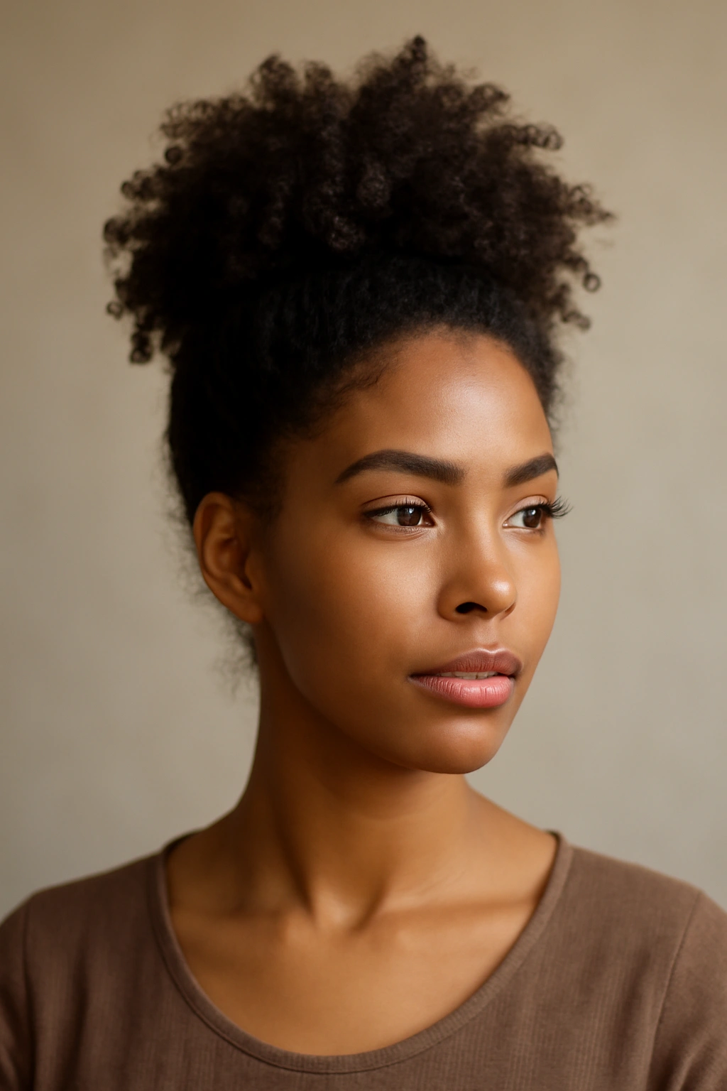 Textured high knot with voluminous curls around a crown knot.