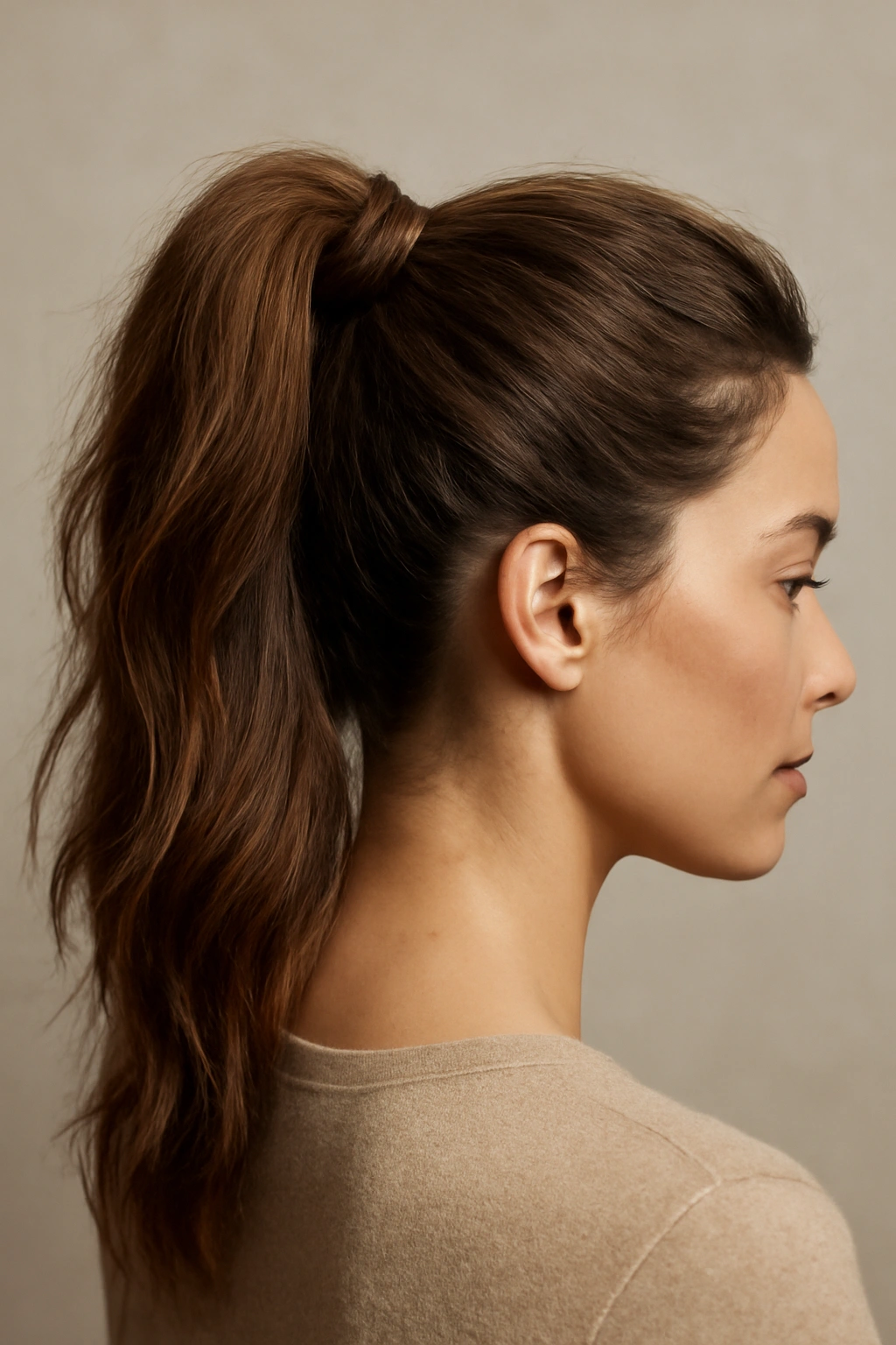 High ponytail with pronounced texture and wrapped base for a polished look