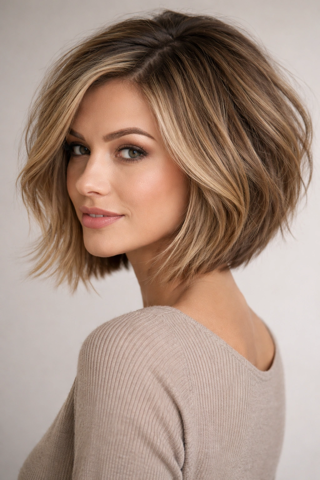 Shoulder-length inverted bob with textured layers and movement
