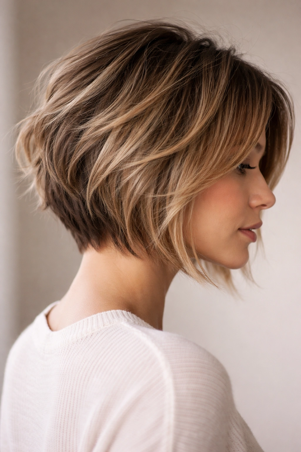 Portrait of a person with textured, choppy inverted bob showing layered back and longer front.