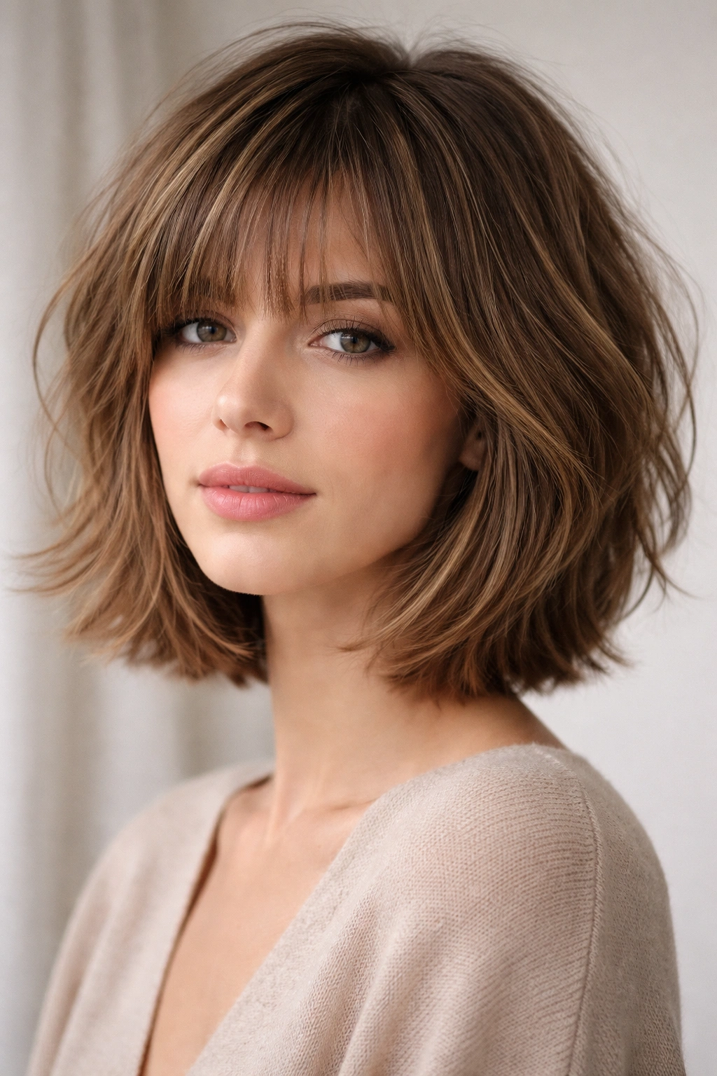 Close-up of a model with a textured layered bob and wispy bangs in soft studio light