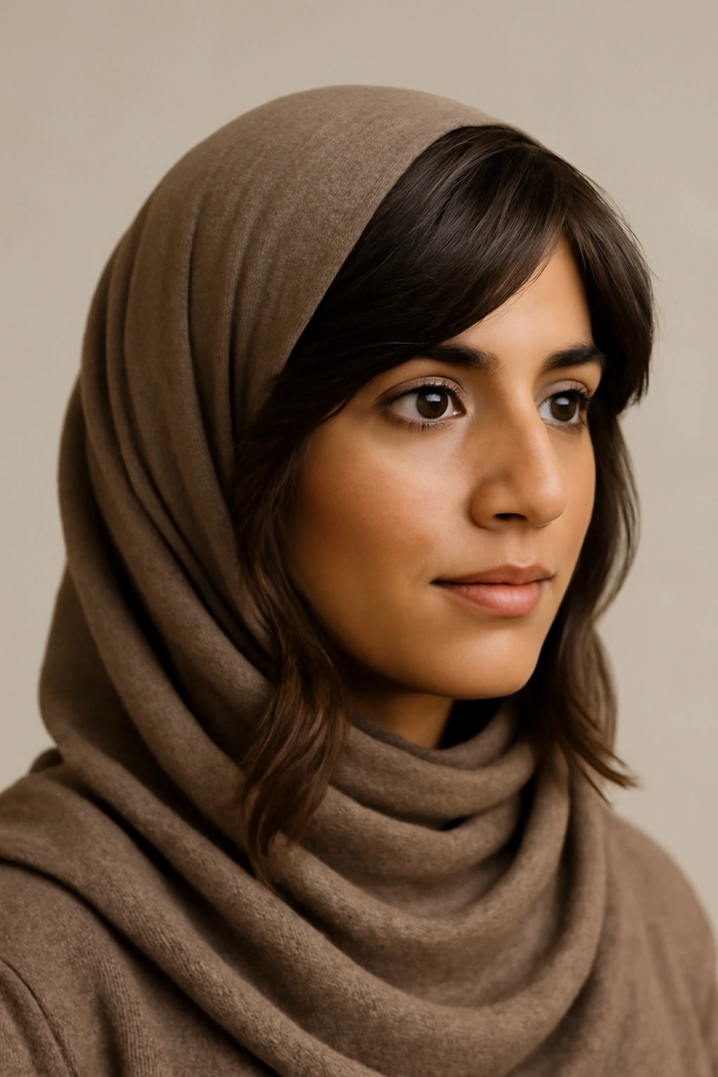 Head-and-shoulders hijab wearer with textured layered hair for volume