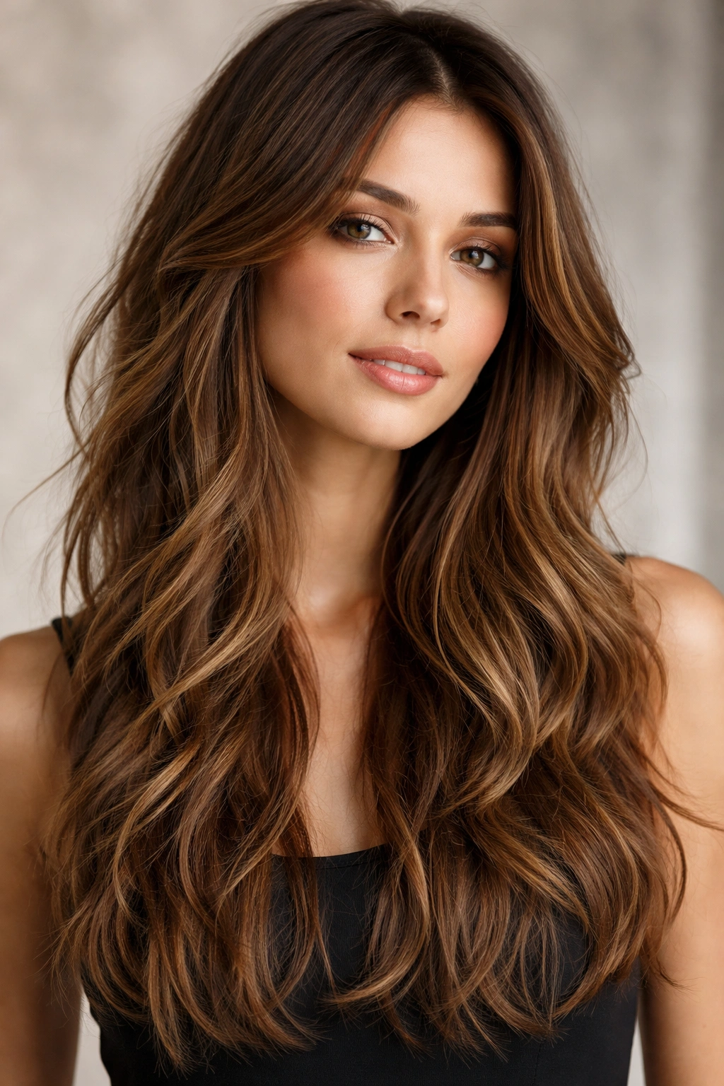 Close-up of long hair with textured layers and soft waves highlighting mid-lengths