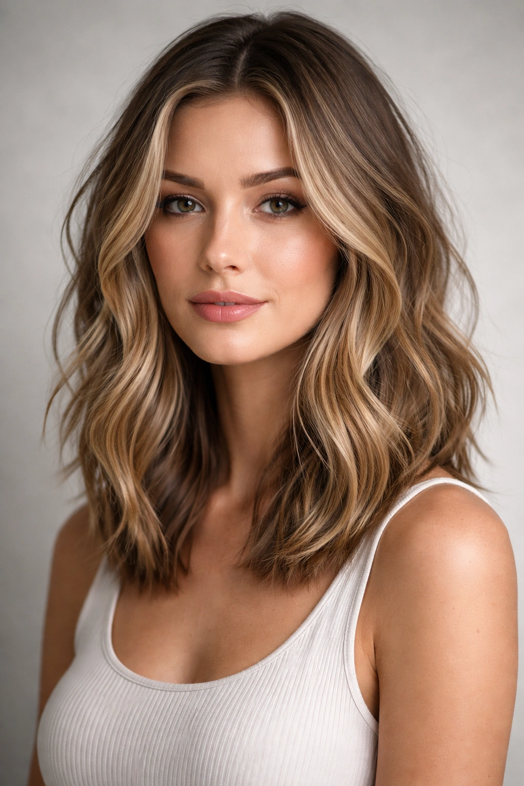 Close-up of a collarbone-length textured lob with choppy layers and waves, no bangs