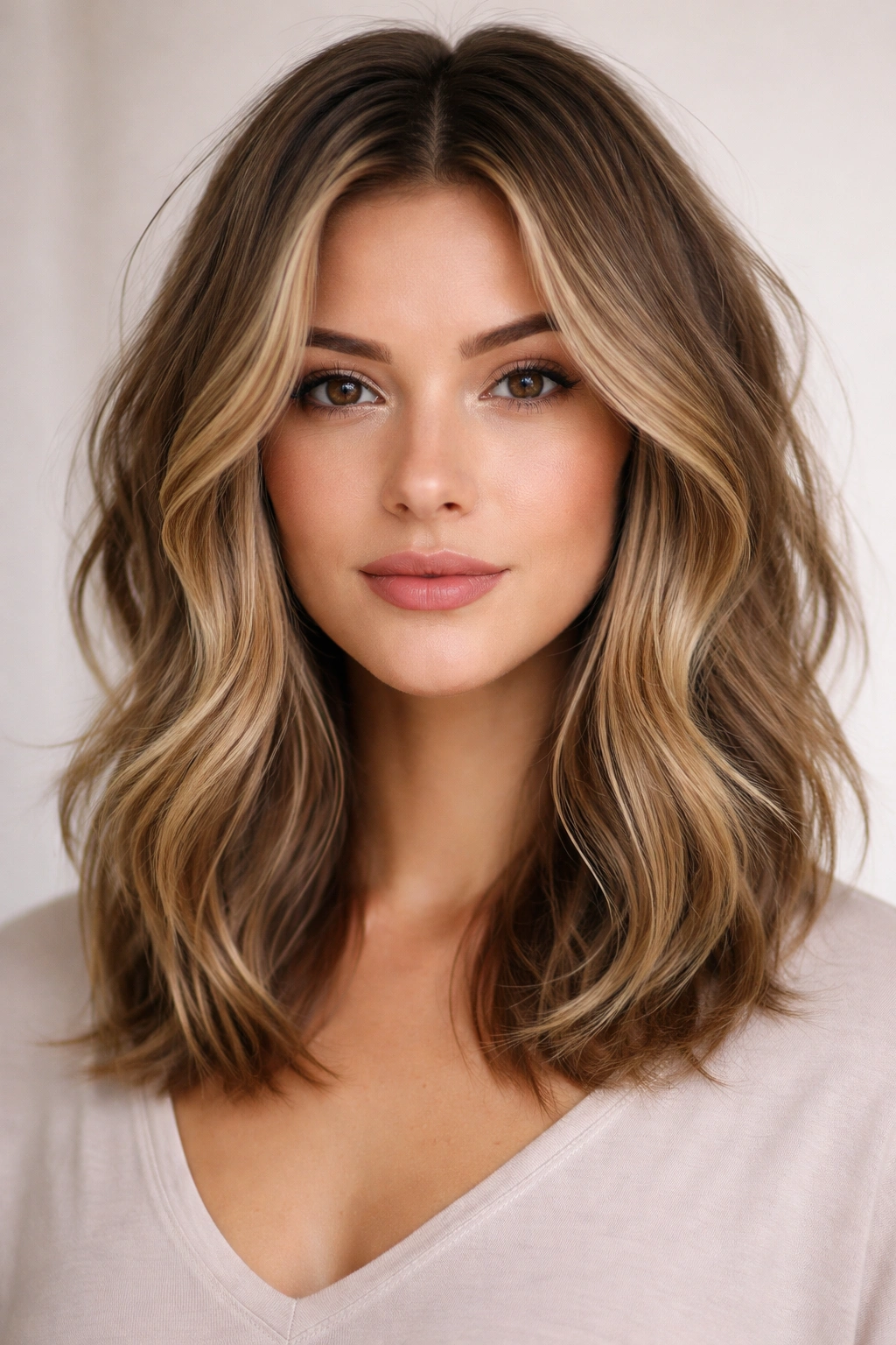 Textured lob with face-framing pieces creating horizontal movement