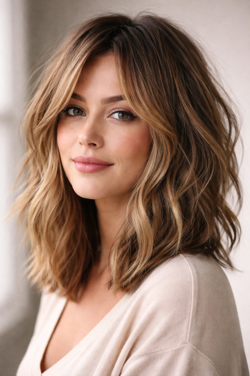 Shoulder-length textured lob with choppy layers