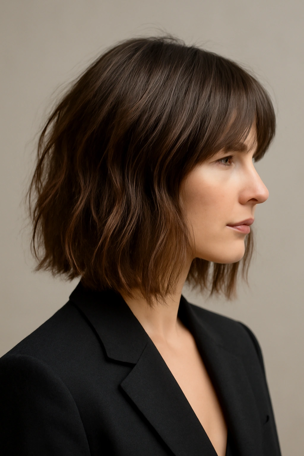 Close-up of Textured Lob hairstyle with shoulder-length layers in a blazer-ready portrait