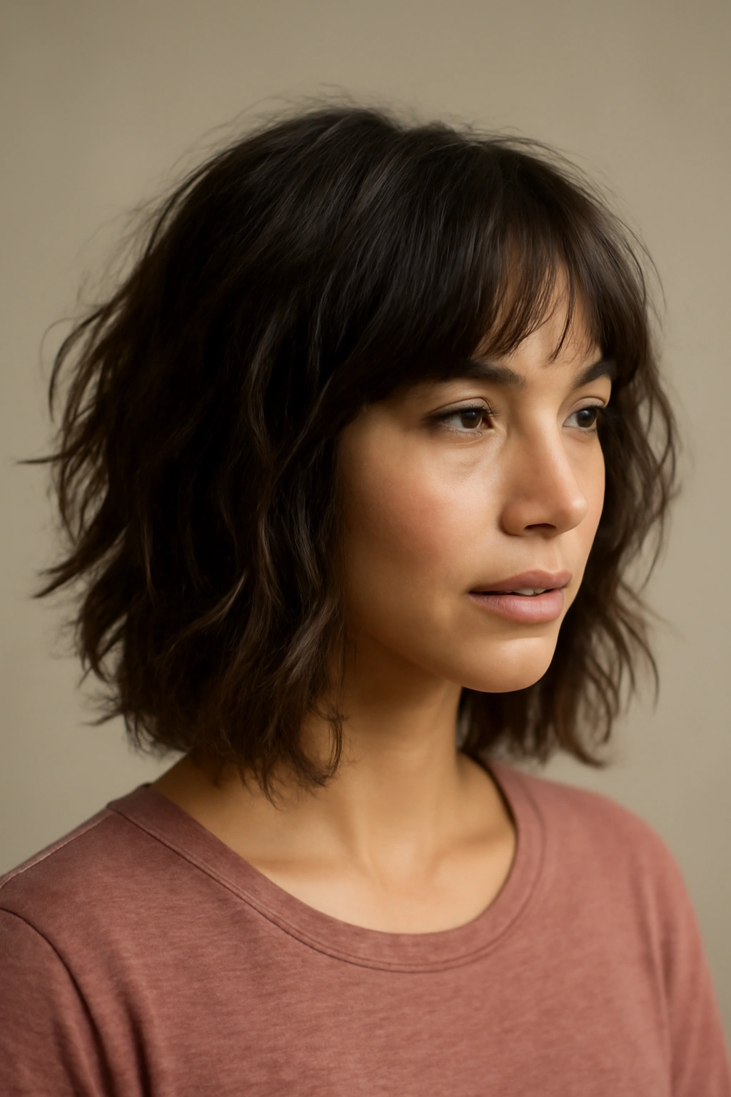 Textured lob hairstyle with chin-to-shoulder length and choppy texture in studio light.