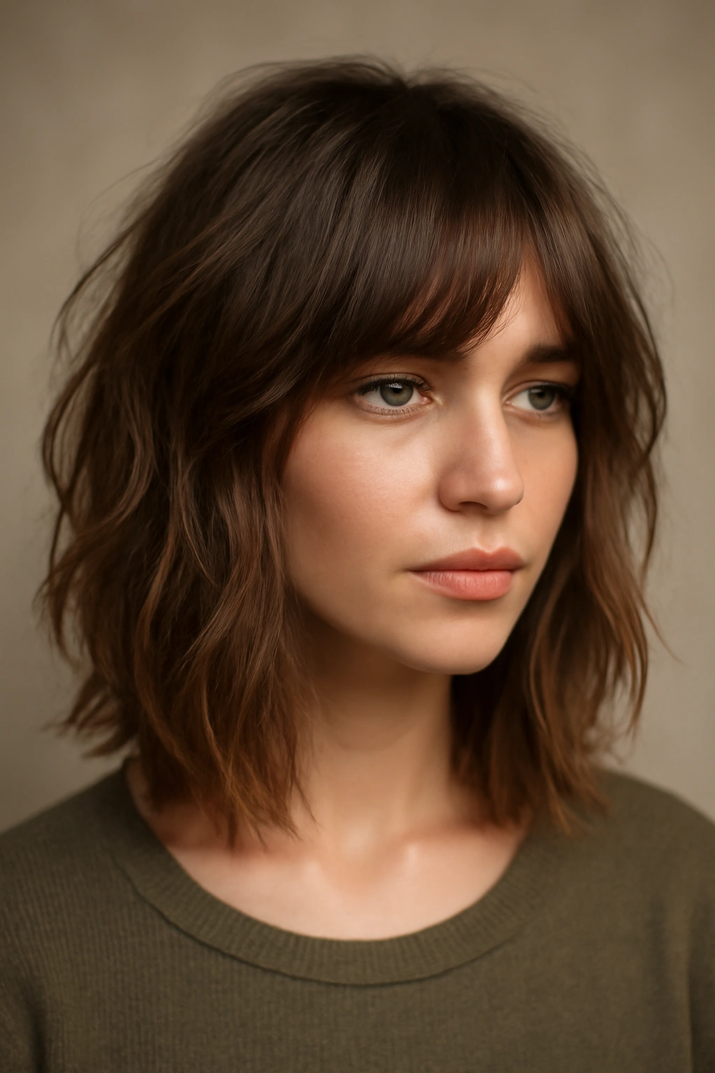 Shoulder-length textured lob with longer bangs and undone waves