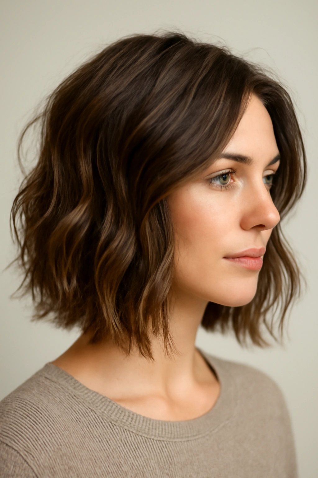 Textured shoulder-length lob with layers and waves