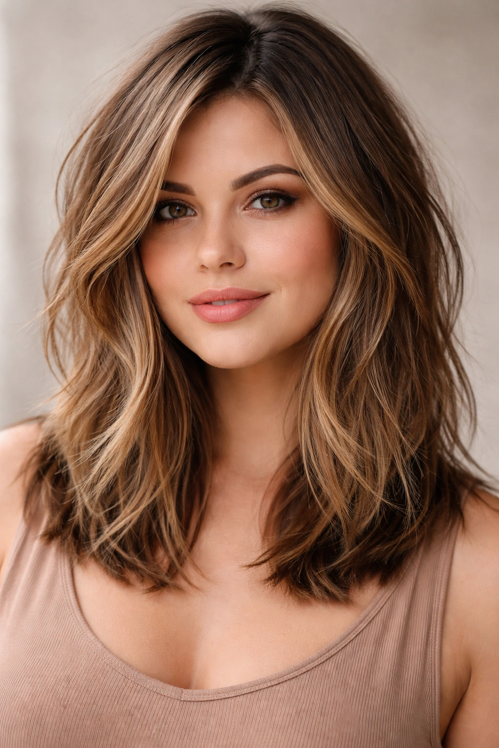 Close-up of a textured lob haircut with layered ends for definition on a fuller face