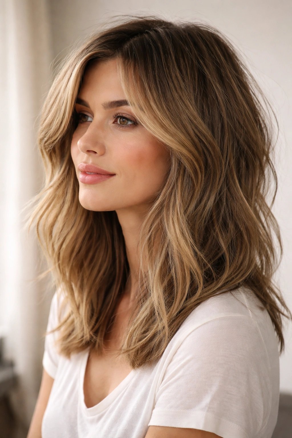 Close up of textured lob with soft layers, tousled air-dried hair