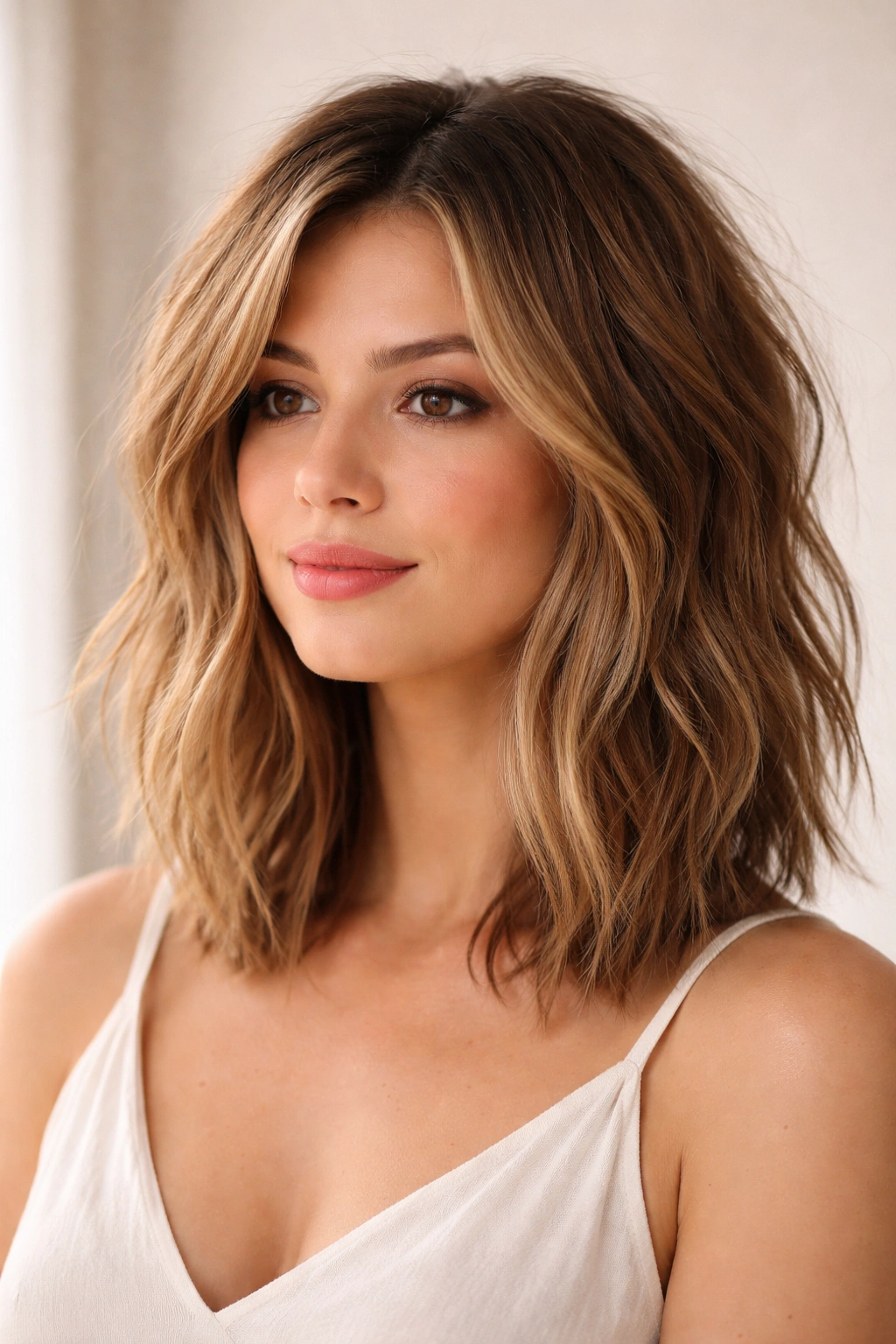 Portrait of a shoulder-length textured lob with piece-y ends